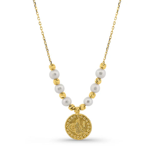 14K İNCİLİ DORİKALI TUĞRA KOLYE